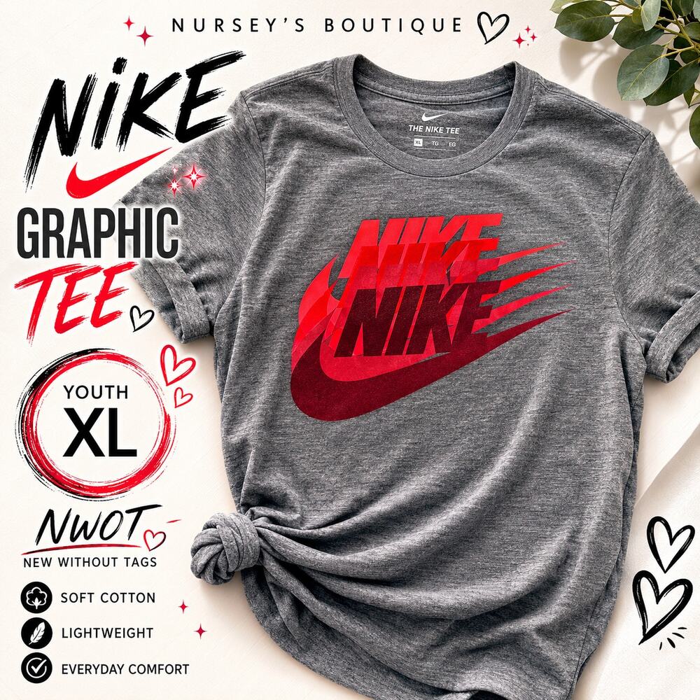 Nike Gray Red Logo Graphic Tee Youth XL NWOT Athletic Shirt
